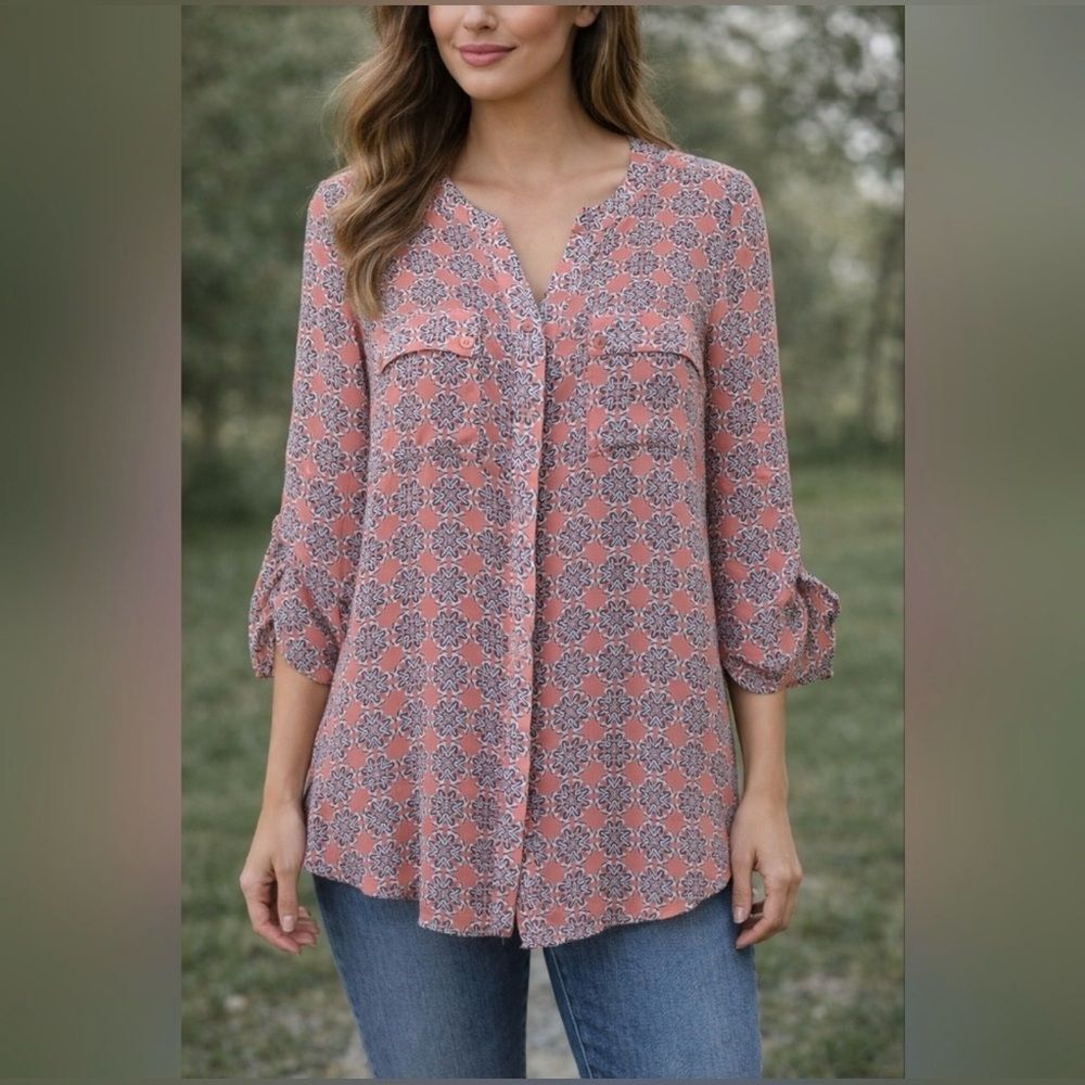 Collective Concepts Sheer Long Sleeve Button Up Shirt Coral Blue Top Size XL